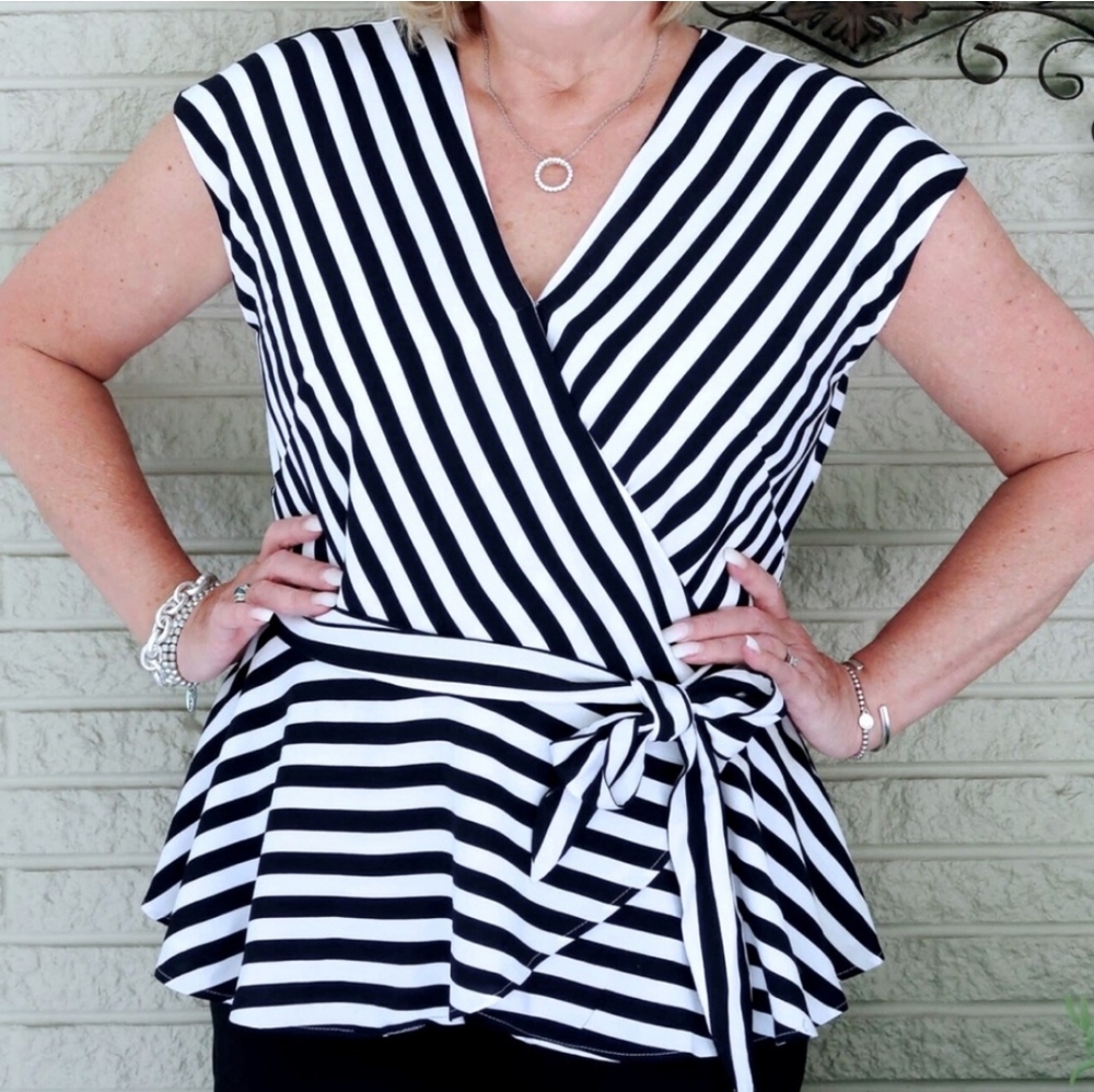 LOFT Black and White Striped Wrap Blouse